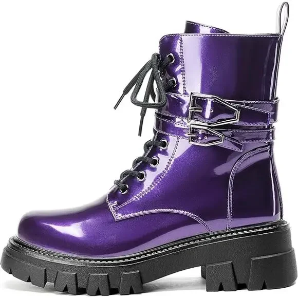 Women Combat Boots Lace Up Buckle Lug Sole Ankle Biker Boots - Picture 12 of 12